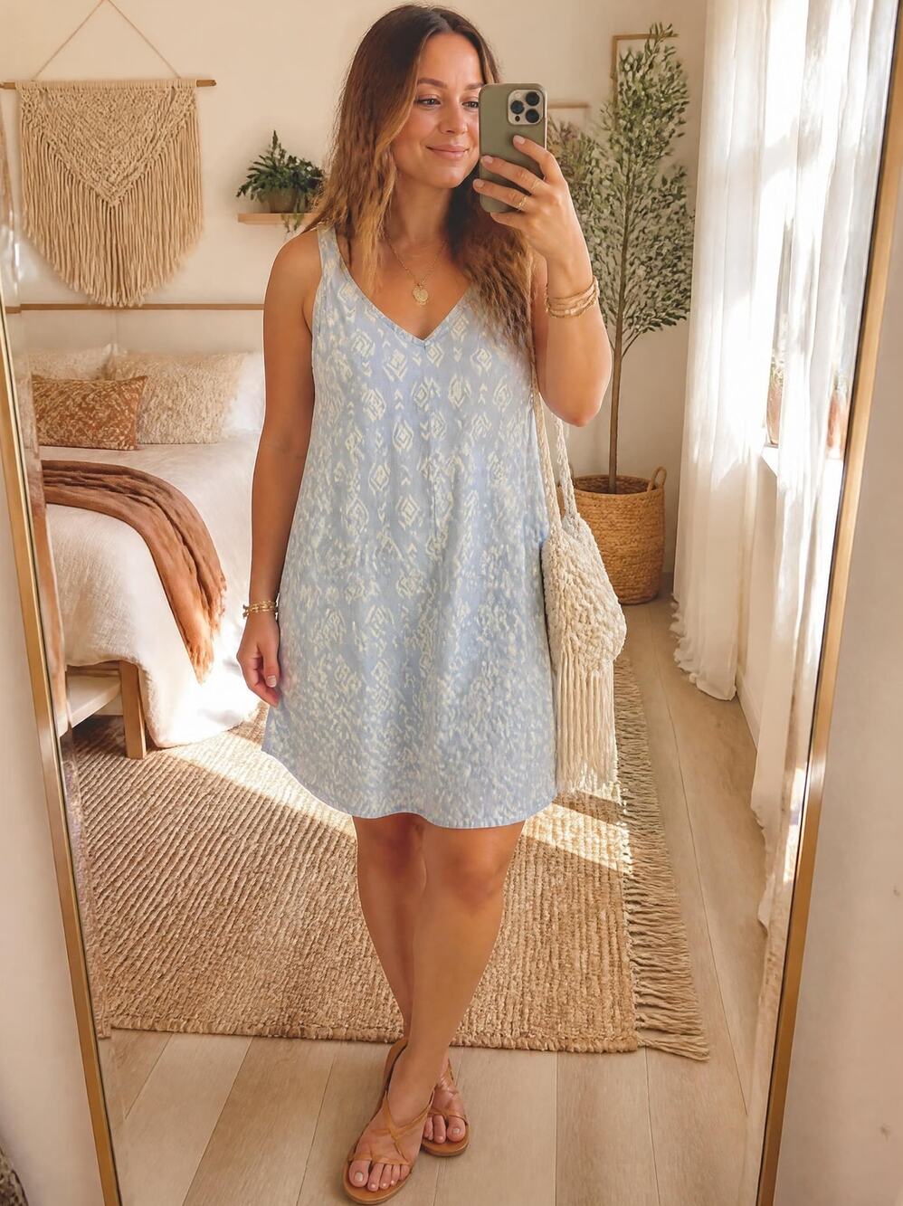 Cloth & Stone Tencel Ikat Print Slip Dress XL Light Blue V Neck Made USA